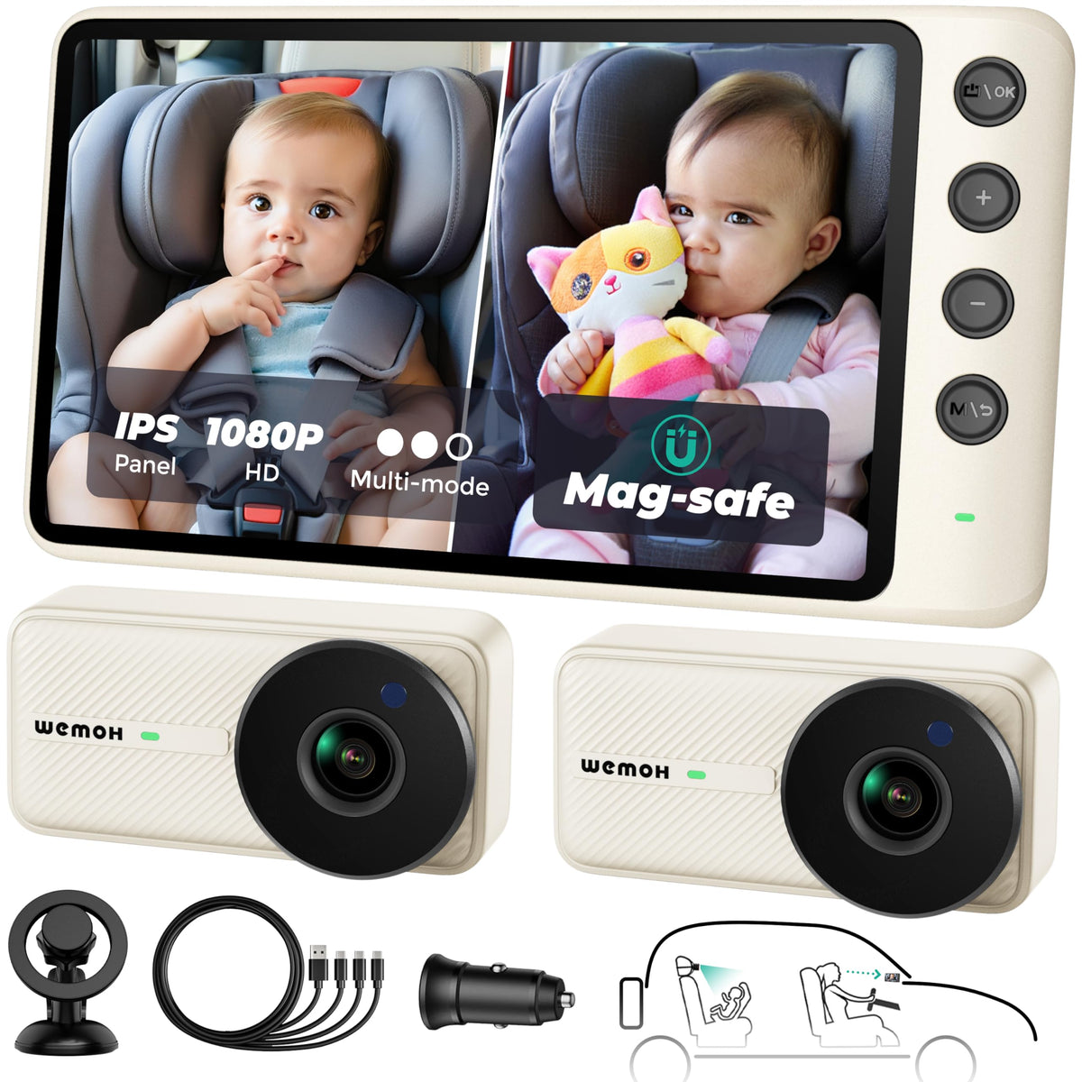 WEMOH Magnetic Double Car Camera With 5" 1080P Monitor