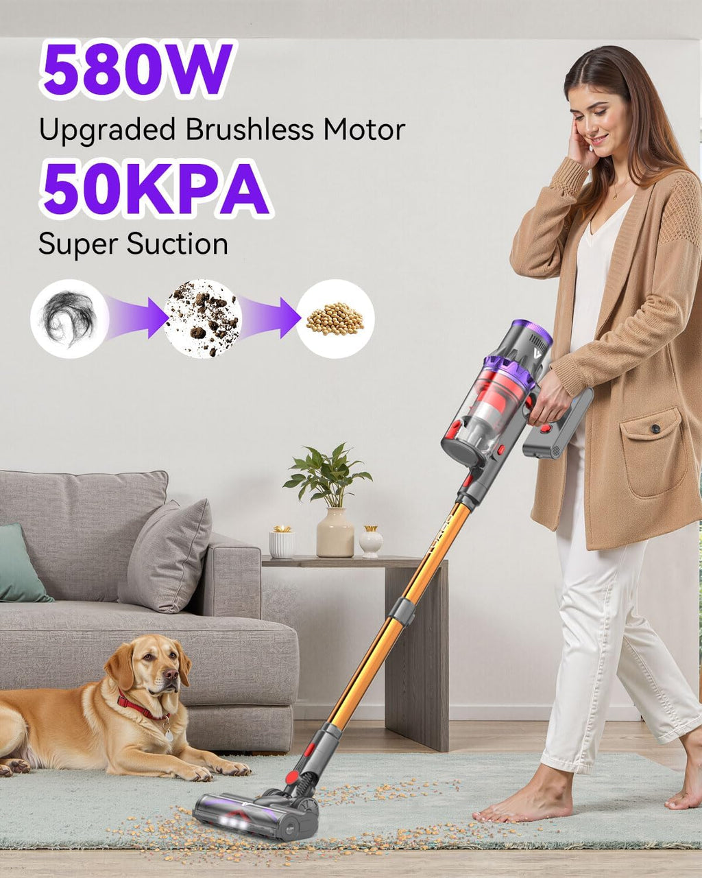 COOVY SU7 Cordless Vacuum Cleaner 580W Wireless Stick Vacuum