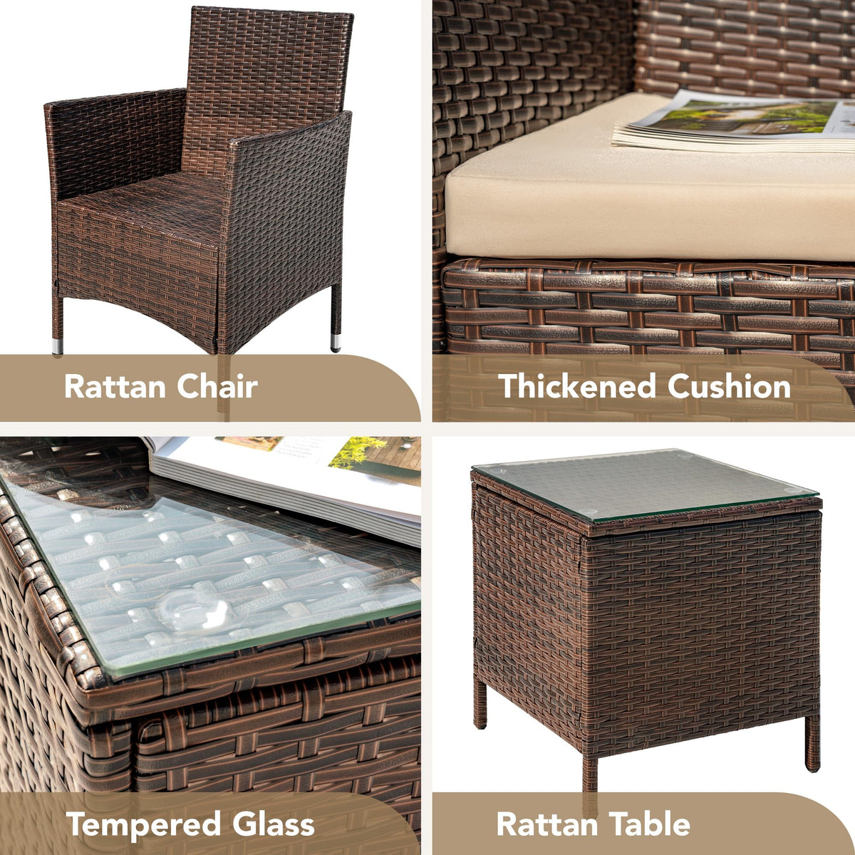 DEVOKO Patio Porch 3-Piece Rattan Furniture Set