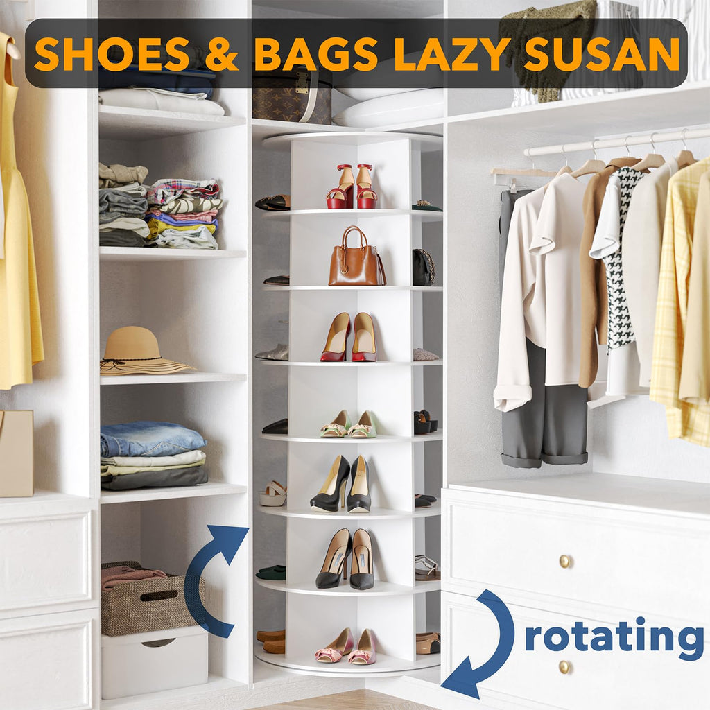 SPACEAID 7 Tier Rotating Shoe Rack Tower - White Carousel Storage