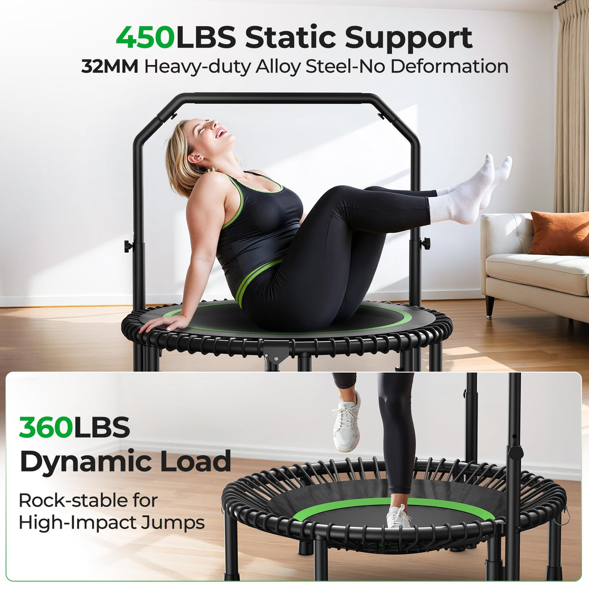 BCAN BT2 Mini Rebounder Trampoline for Adults with Bar
