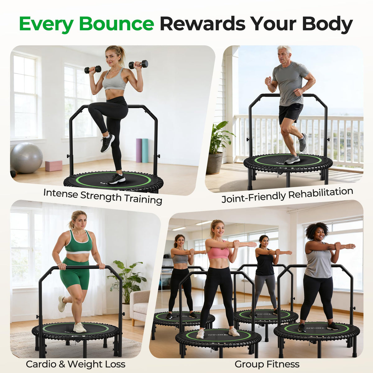 BCAN BT2 Mini Rebounder Trampoline for Adults with Bar