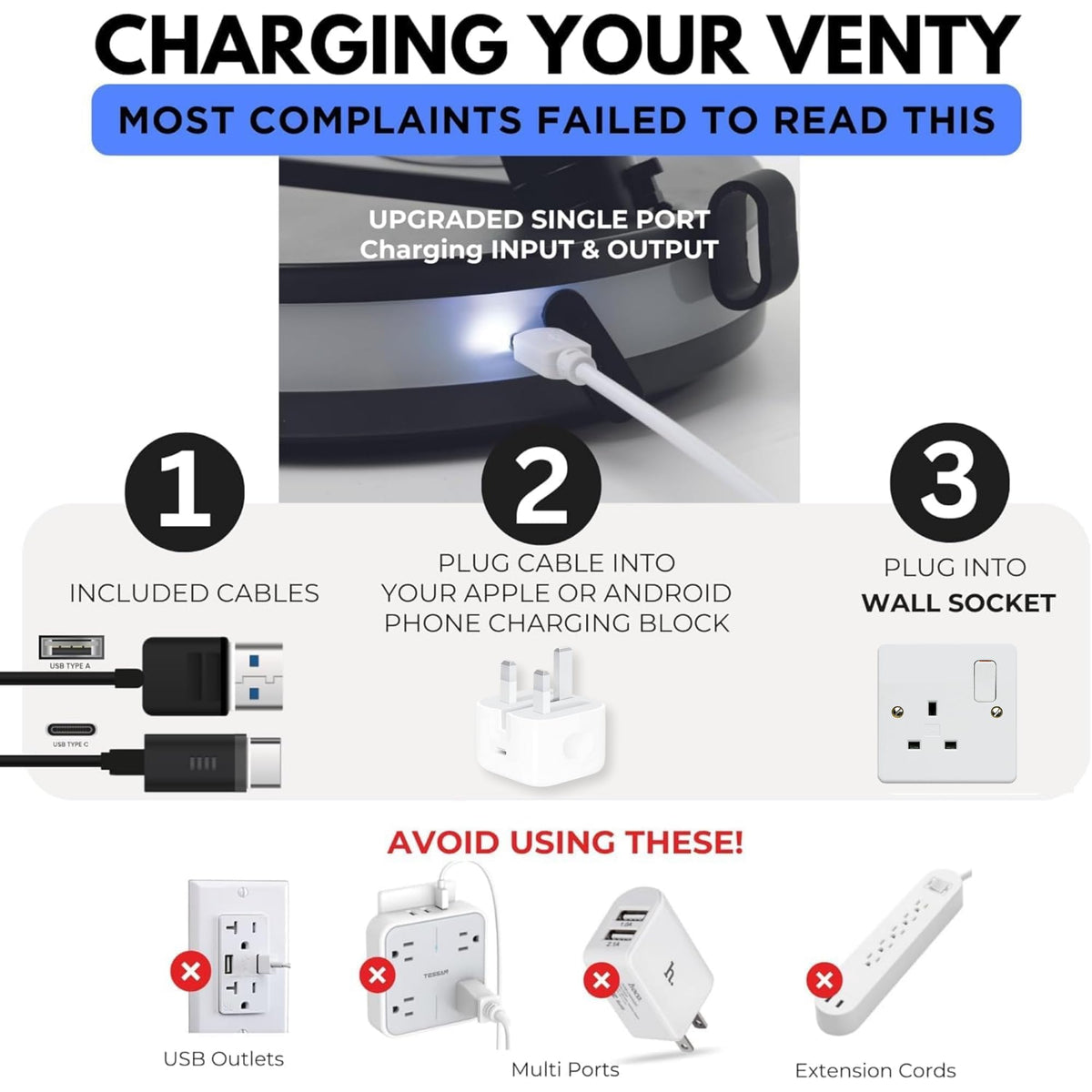 VENTY Portable Fan - Wireless Battery Operated with LED Light