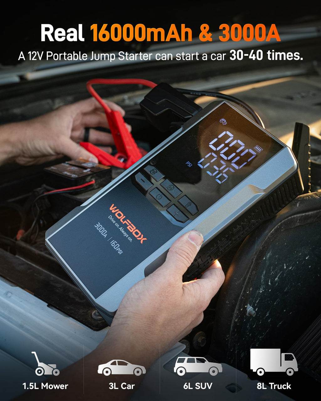 WOLFBOX 3000A Jump Starter with Air Compressor & Fast Charge