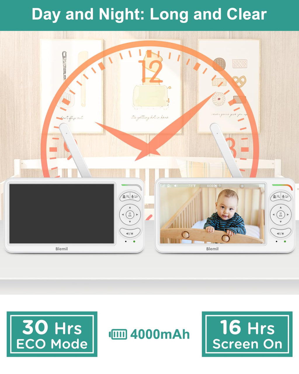 BLEMIL 6" Baby Monitor with 2 Cameras & Split Screen