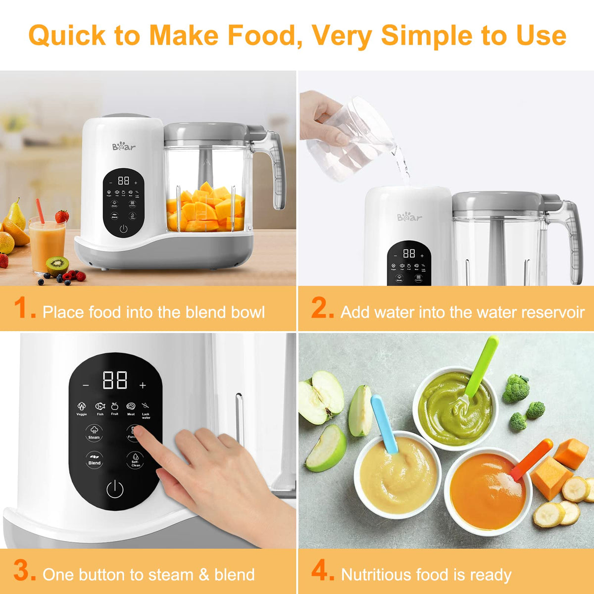 BAR BEAR 2024 Baby Food Maker | One-Step Steamer & Blender